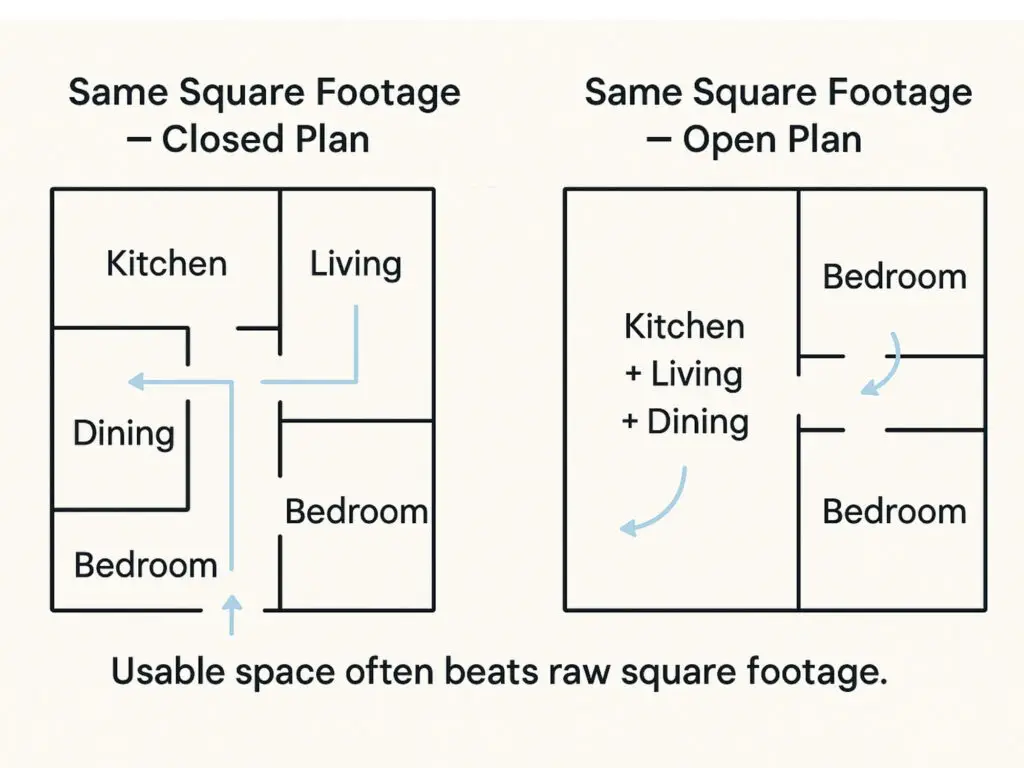 Square Footage & Layout: Usable Space Wins