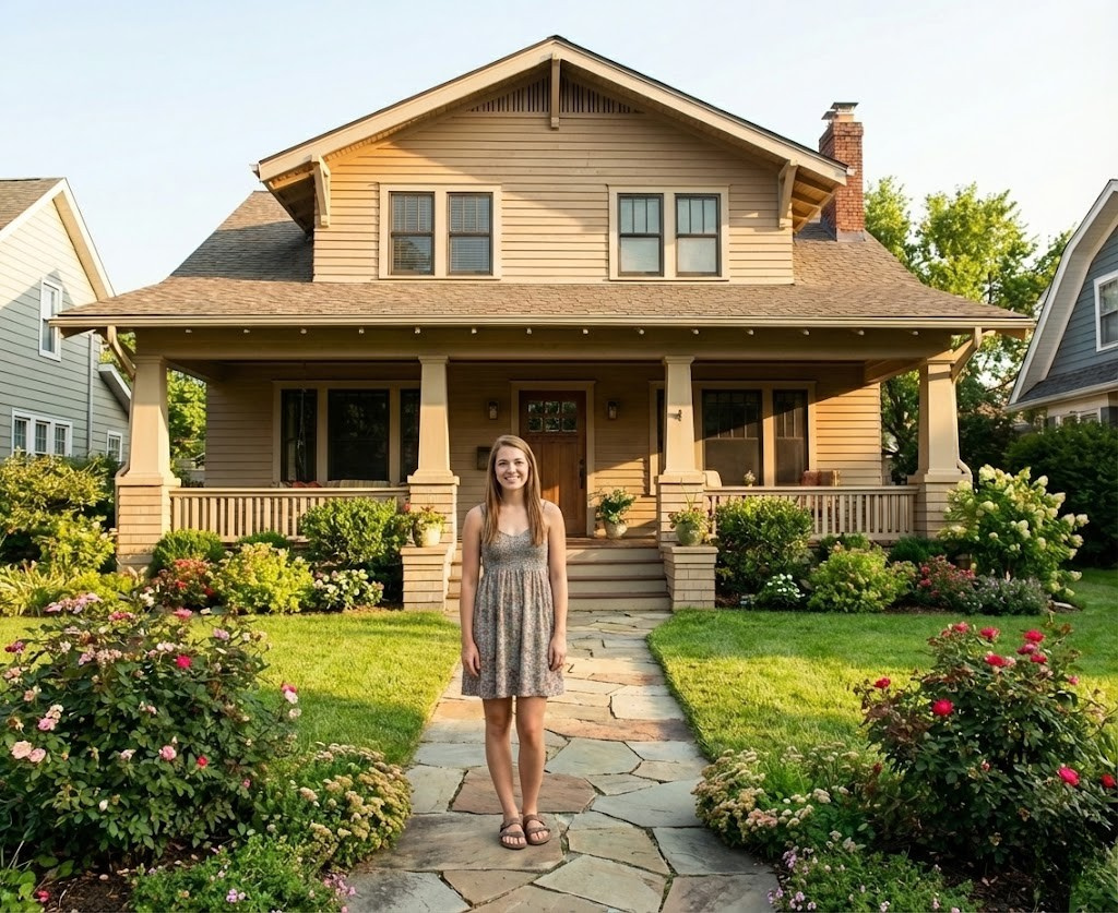 Happy seller standing in front of house
