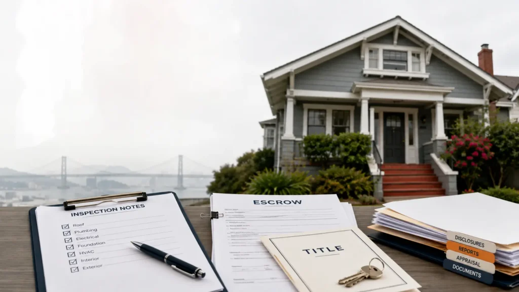 Older Bay Area home with escrow, title, inspection, and disclosure documents showing common as-is home sale delays.
