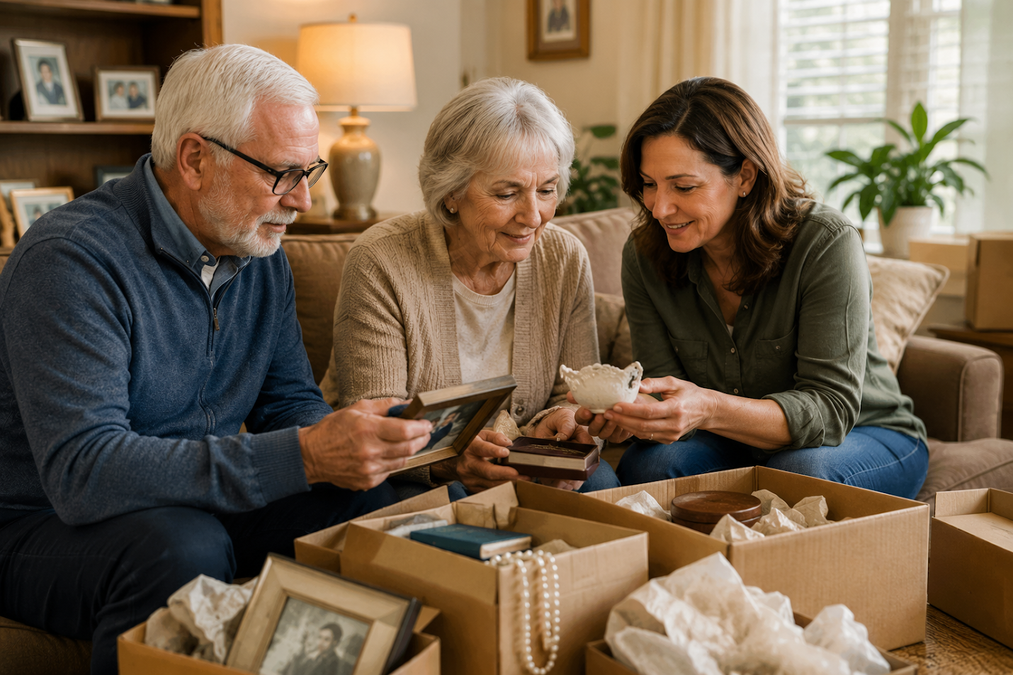 Family Sorting Belongings While Helping An Aging Parent Sell A Bay Area Home