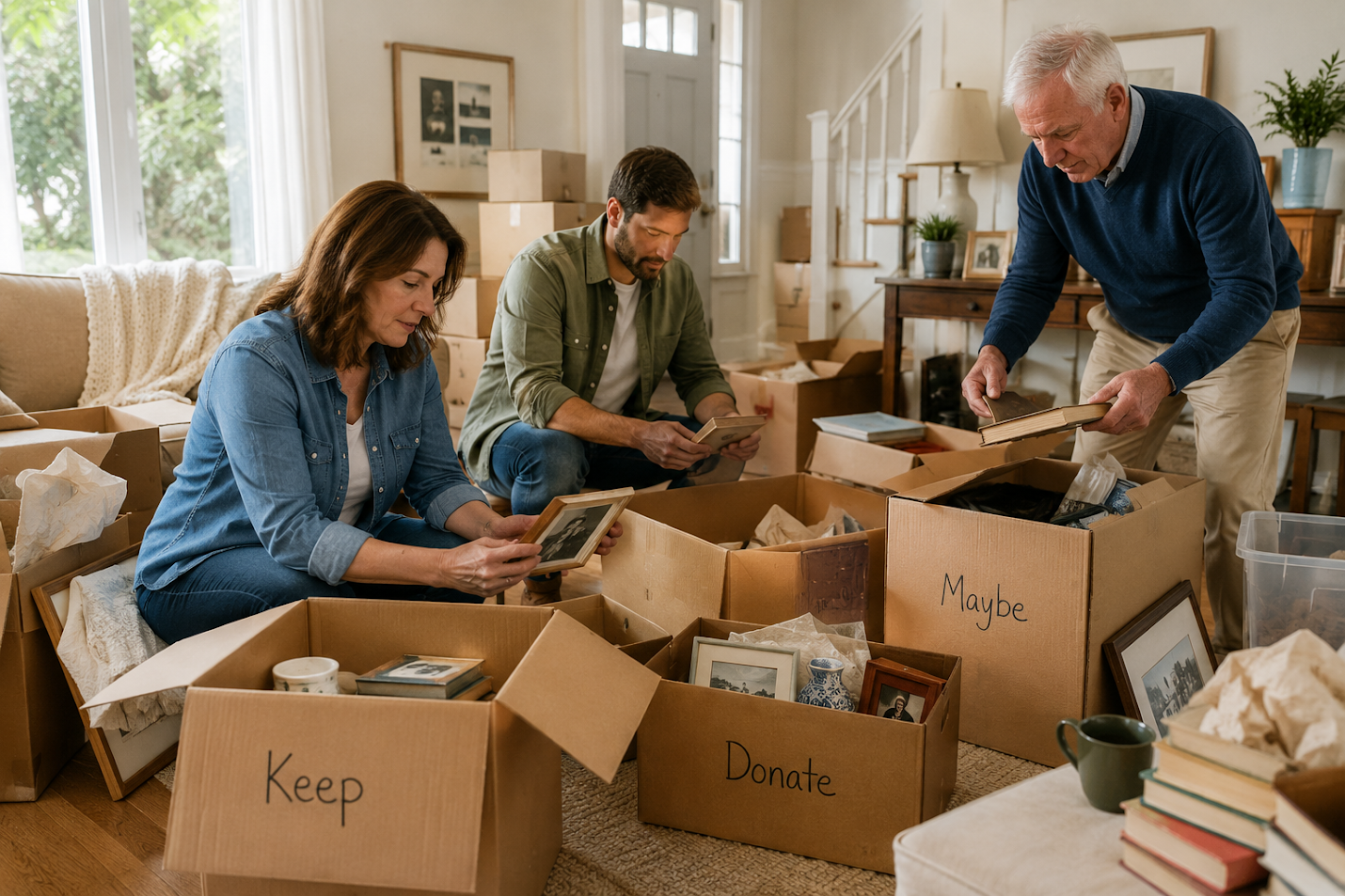 Three Family Members Sorting Through Boxes And Belongings Inside A Home