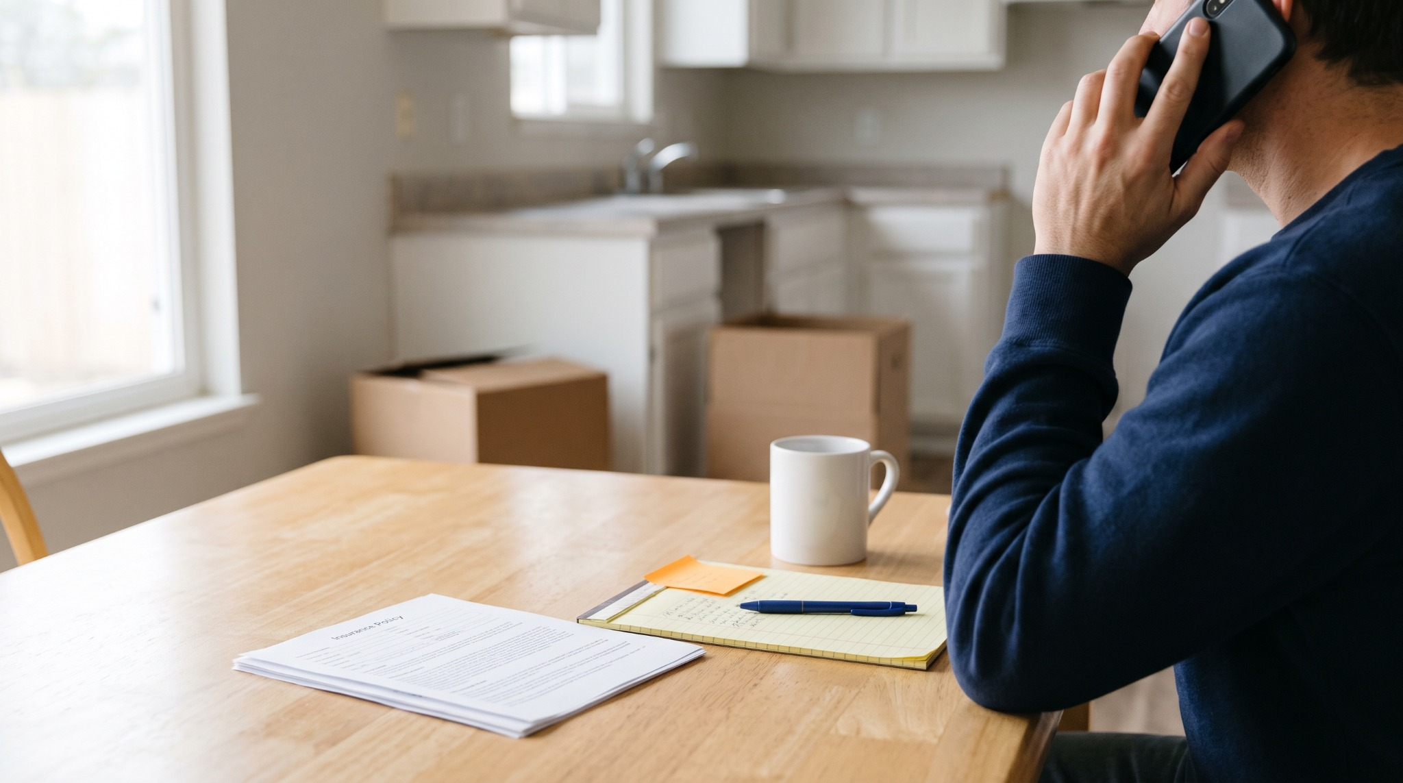 Owner on the phone with their insurer about insuring a vacant home, homeowners policy open on the table.