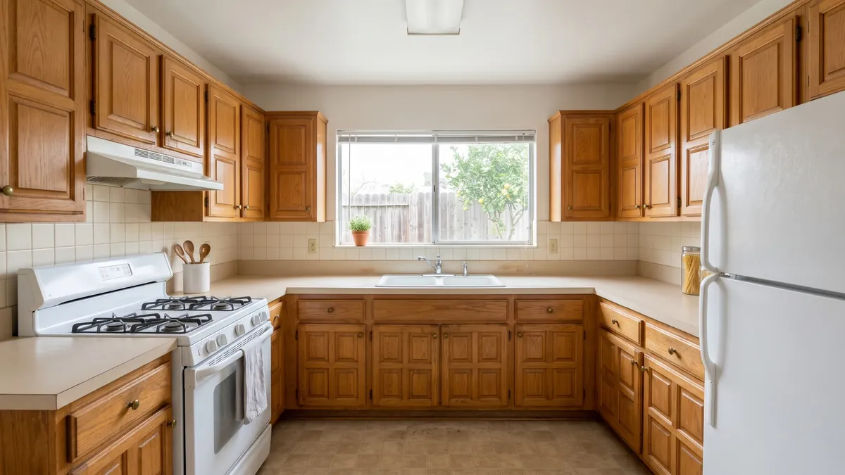 A clean, dated kitchen with oak cabinets, beige laminate counters and older white appliances