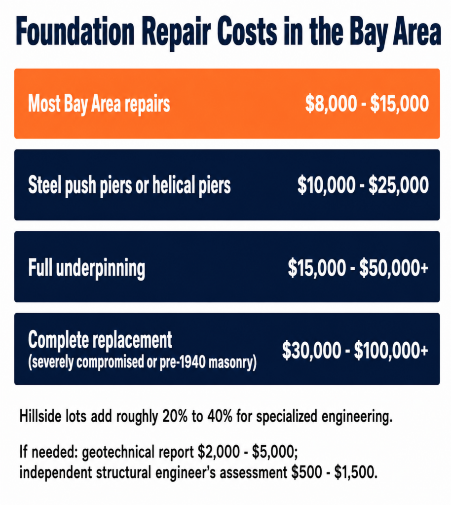 Foundation repair Bay Area cost ladder: most repairs $8,000–$15,000, piers $10,000–$25,000, underpinning $15,000–$50,000+, full replacement $30,000–$100,000+