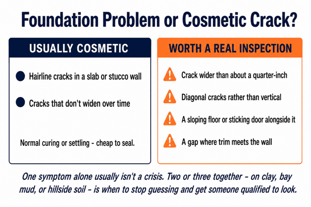 Comparison chart for foundation repair Bay Area triage: hairline stable cracks are usually cosmetic, while quarter-inch-plus or diagonal cracks with sloping floors warrant inspection.