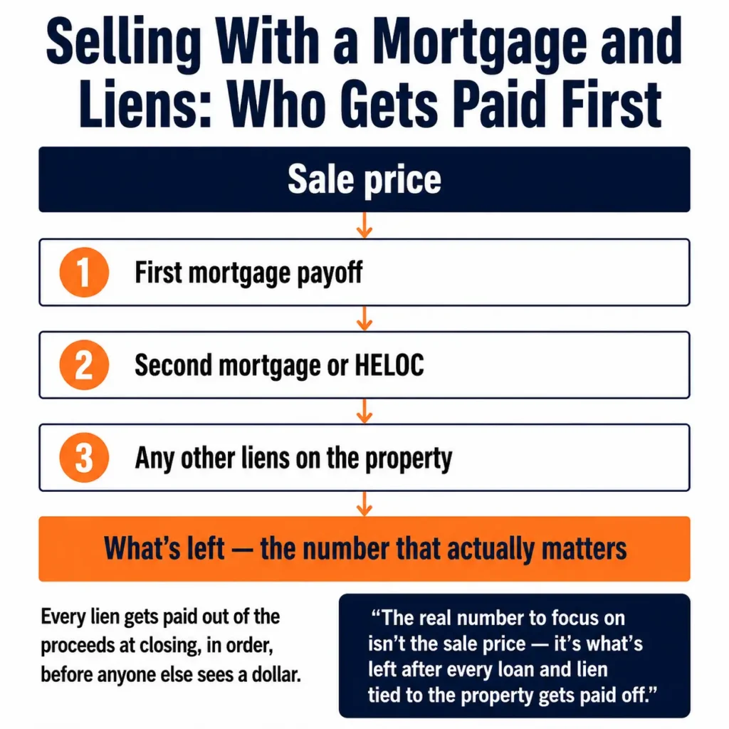 Diagram of the payoff order when selling an inherited house with a mortgage: sale price, then first mortgage, second mortgage or HELOC, other liens, and what's left for the heirs.