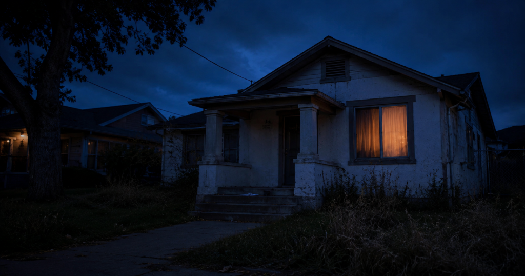 A modest vacant Vallejo home at dusk with one unexpectedly lit window and uncollected mail on the porch — the moment an heir realizes an inherited house with squatters may be occupied