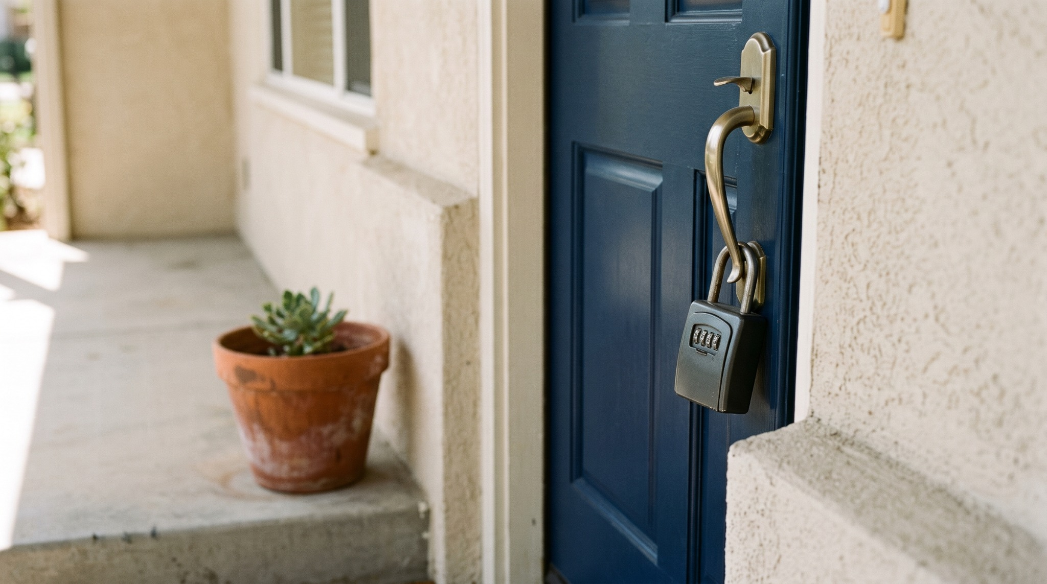 Key lockbox on the front door of a vacant home.