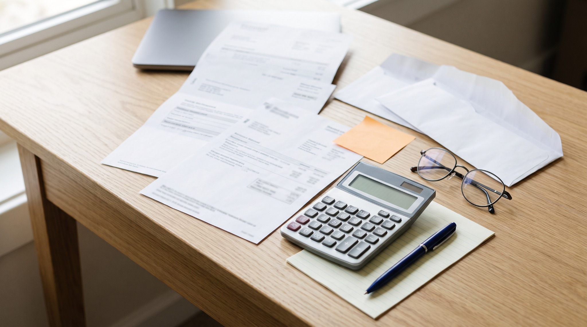 Monthly bills for a vacant home laid out next to a calculator.