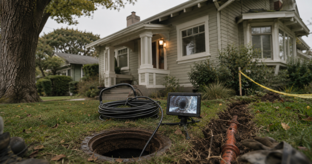 Sewer lateral inspection with a camera cable and exposed clay pipe in front of a 1930s Alameda bungalow, the kind of check sewer lateral compliance requires before an East Bay home sale.