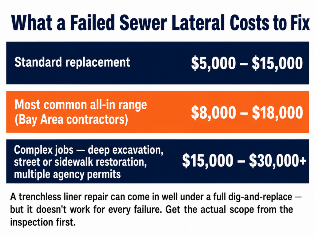 Cost ranges for fixing a failed sewer lateral in the East Bay: standard replacements $5,000 to $15,000, most common all-in range $8,000 to $18,000, complex jobs $15,000 to $30,000 or more.
