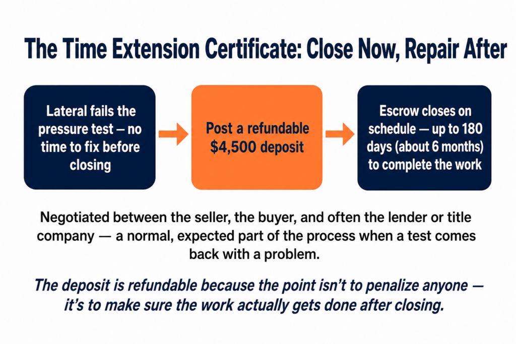 Flow diagram of the Time Extension Certificate for sewer lateral compliance: failed pressure test, refundable $4,500 deposit, escrow closes with up to 180 days to complete the repair.