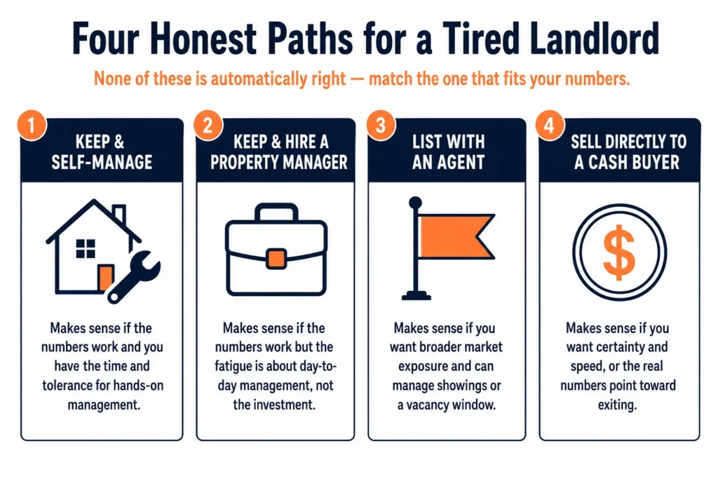 Four options for a tired landlord in the Bay Area: keep and self-manage, hire a property manager, list with an agent, or sell directly