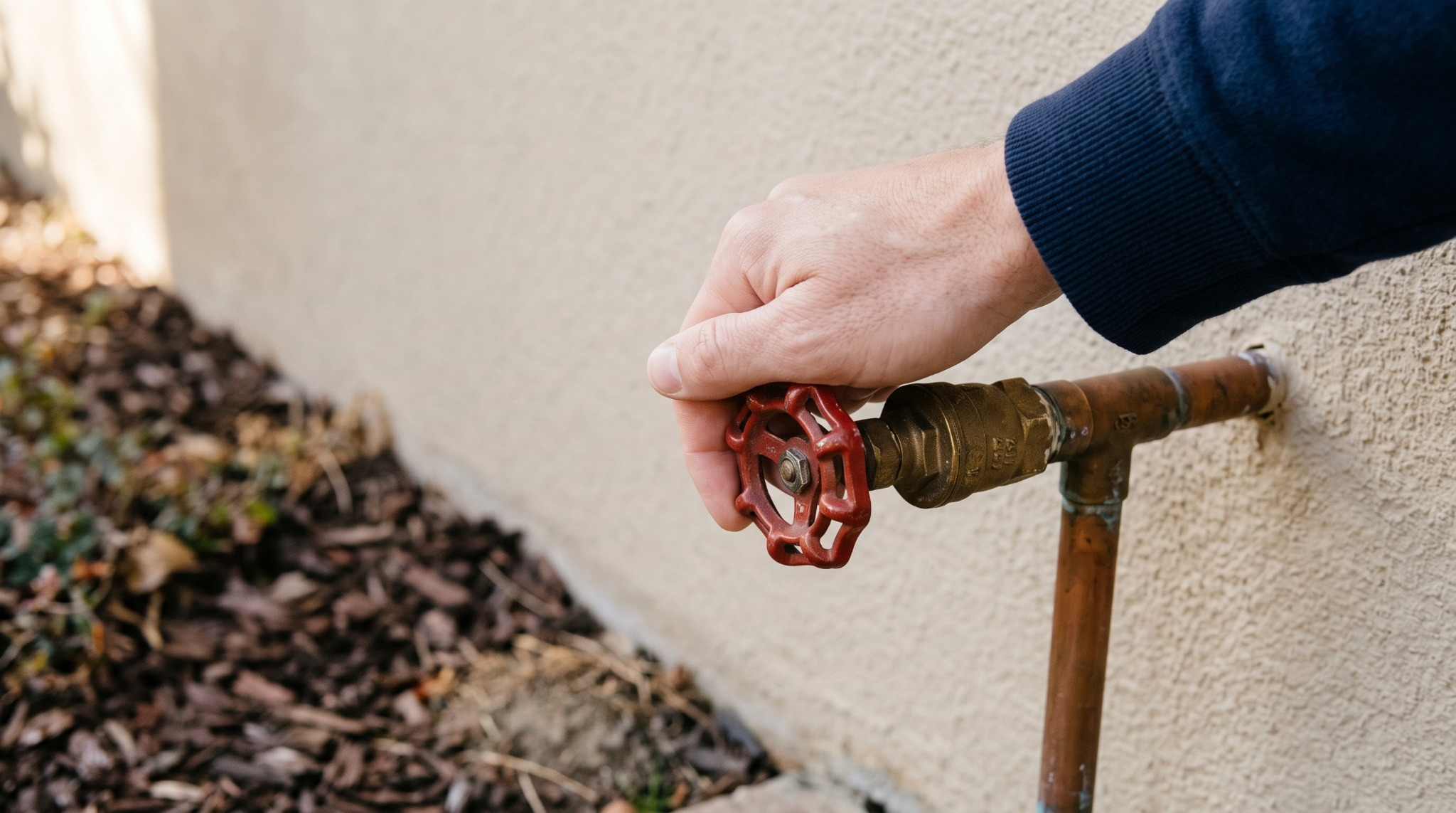 Hand turning the main water shutoff valve at a vacant home.