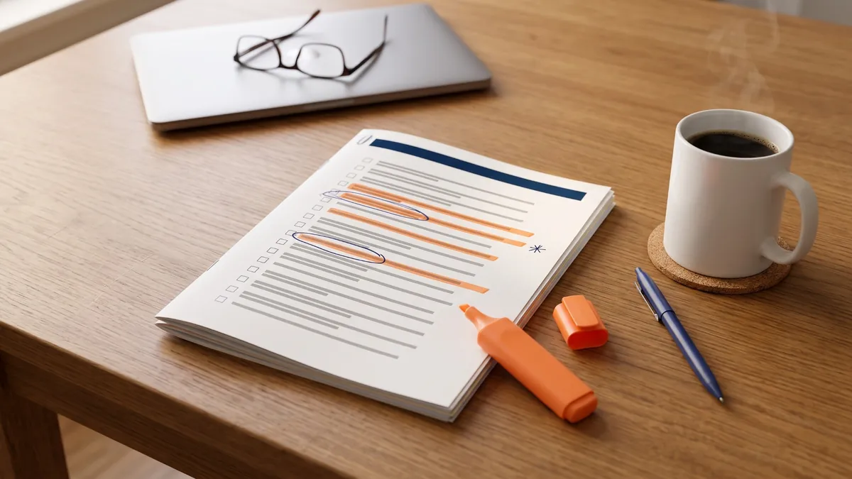 A home inspection report with a long list of repair items highlighted on a kitchen table